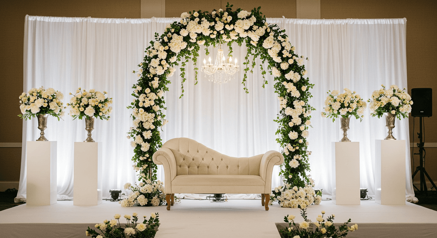 Luxury event stage with dramatic lighting and floral arrangements