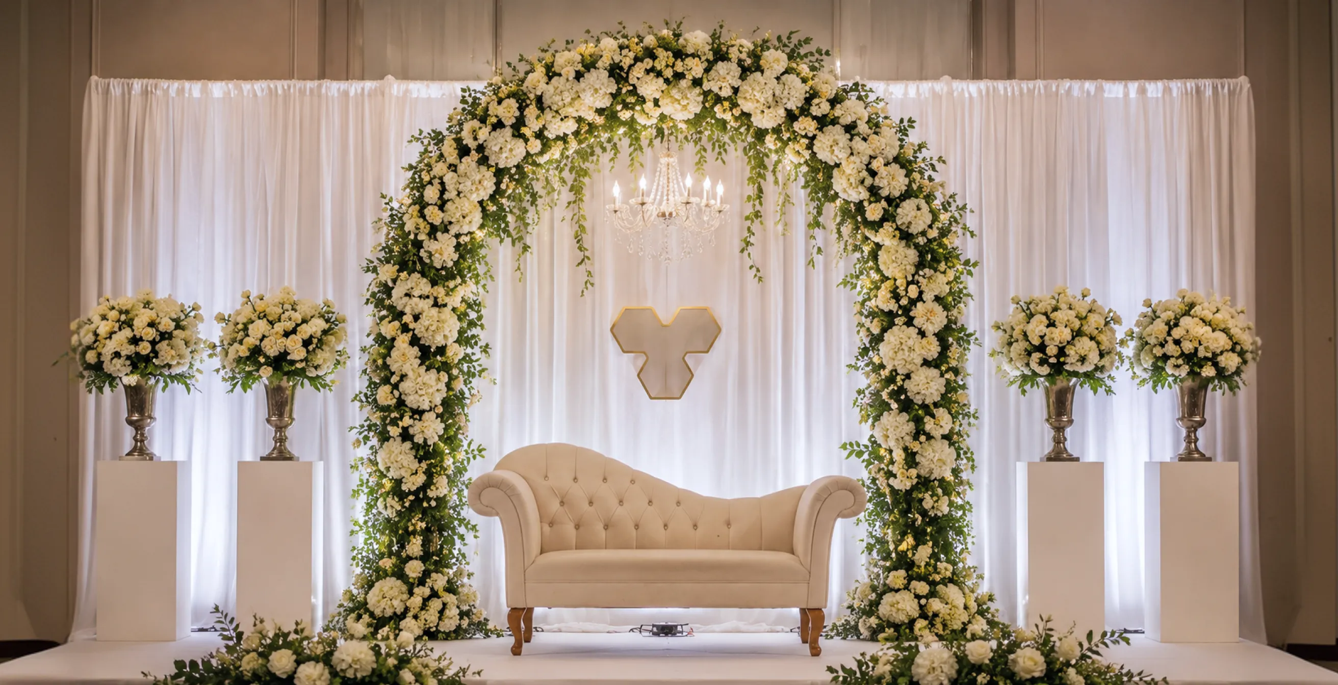 Luxury event stage with dramatic lighting and floral arrangements