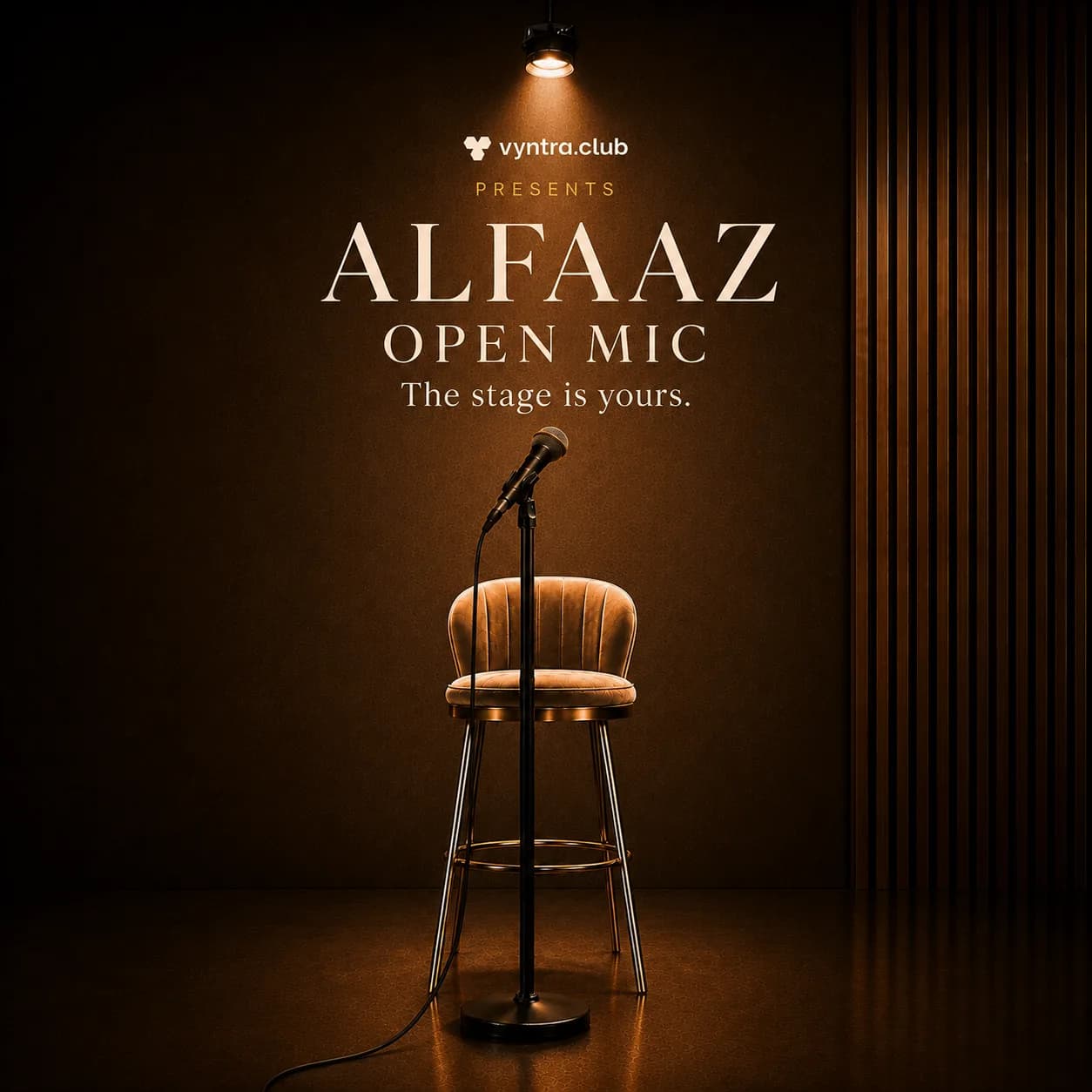 AlFaaZ open mic stage with a vintage microphone and leather chair under a warm spotlight