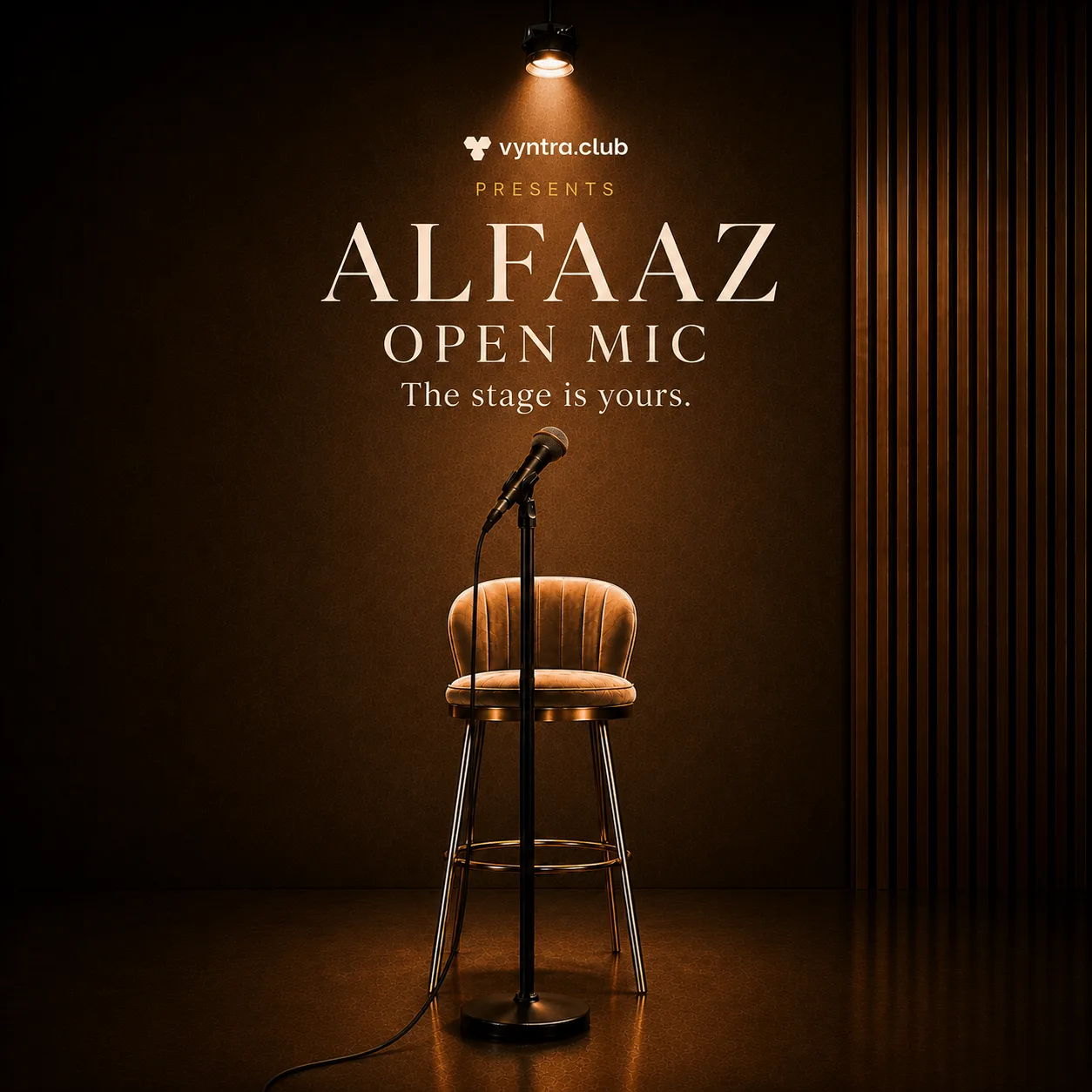 AlFaaZ open mic stage with a vintage microphone and leather chair under a warm spotlight