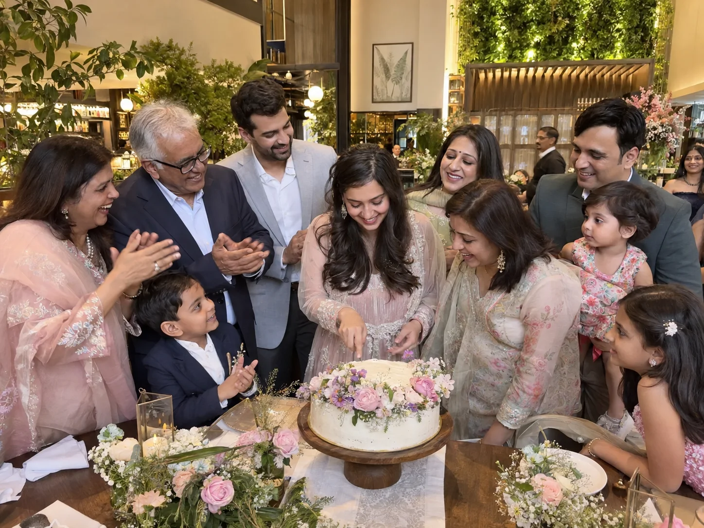 Family gathered around a birthday cake in a Lucknow venue