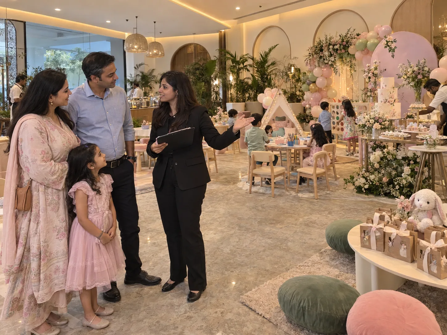 Family arriving at a children’s birthday party with pastel decor and activities